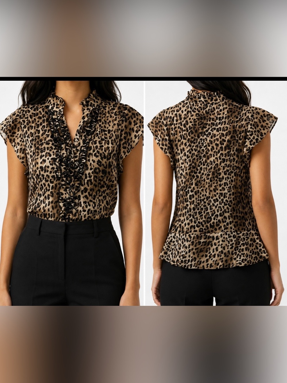 ALLISON TAYLOR Leopard Print Ruffle V-Neck Women's Top - Tan/Black